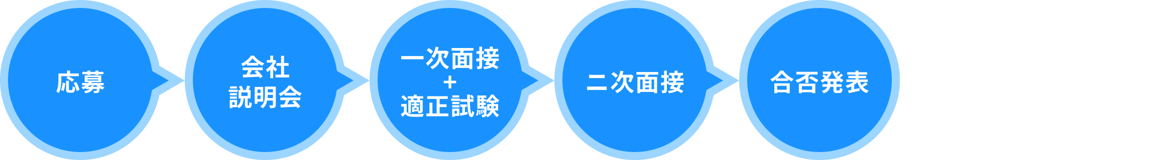 新卒採用フロー：応募 → 会社説明会 → 一次面接 + 適正試験 → 二次面接 → 合否発表